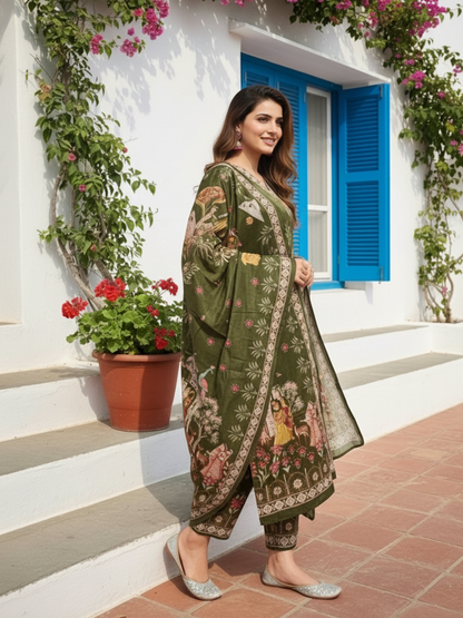 Miniature Painting Printed Kurta with Pant and Dupatta - Green