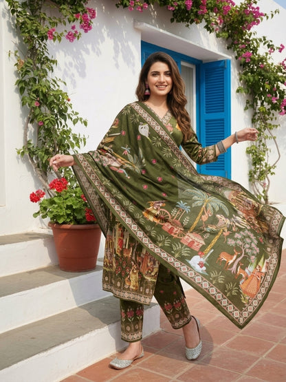 Miniature Painting Printed Kurta with Pant and Dupatta - Green
