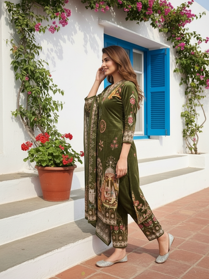 Miniature Painting Printed Kurta with Pant and Dupatta - Green