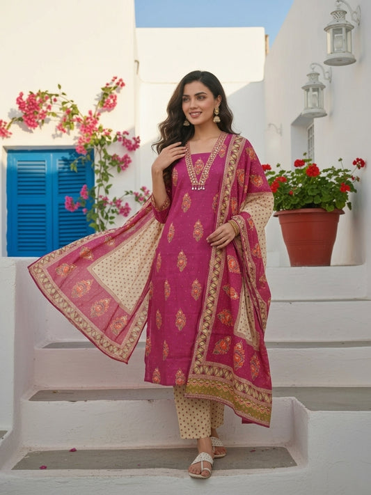Floral Printed Embroidered Straight Kurta with Pant & Dupatta - Fuchsia