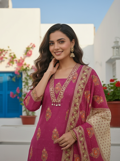 Floral Printed Embroidered Straight Kurta with Pant & Dupatta - Fuchsia