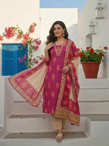 Floral Printed Embroidered Straight Kurta with Pant & Dupatta - Fuchsia