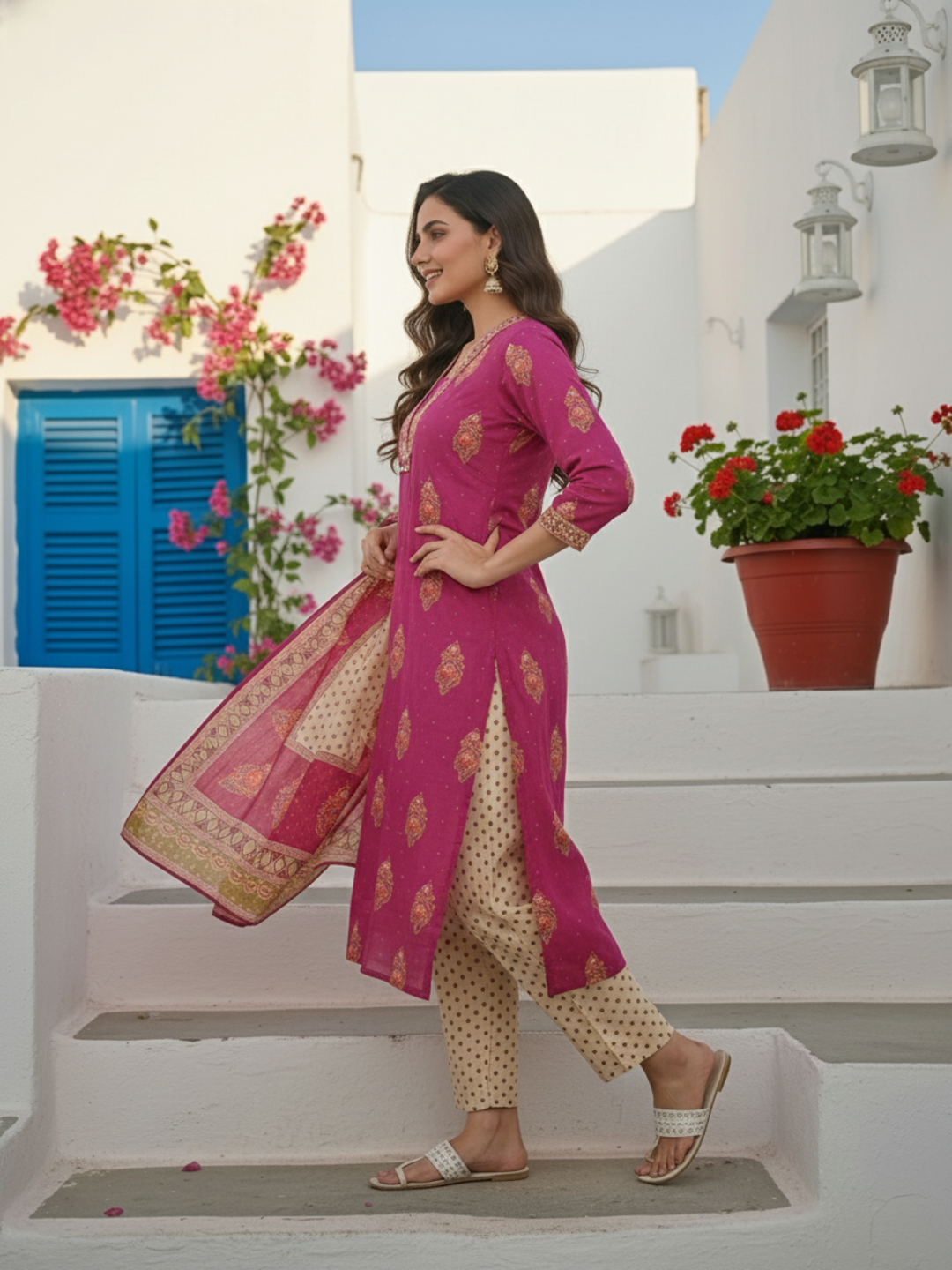 Floral Printed Embroidered Straight Kurta with Pant & Dupatta - Fuchsia