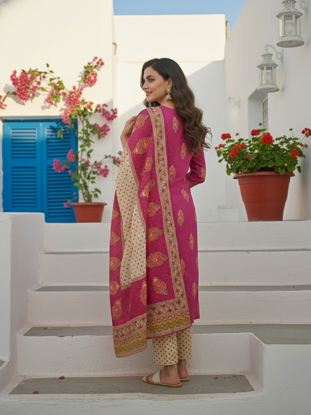 Floral Printed Embroidered Straight Kurta with Pant & Dupatta - Fuchsia