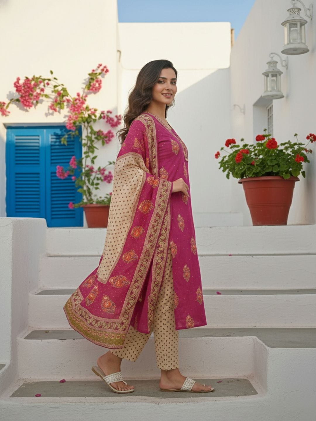 Floral Printed Embroidered Straight Kurta with Pant & Dupatta - Fuchsia