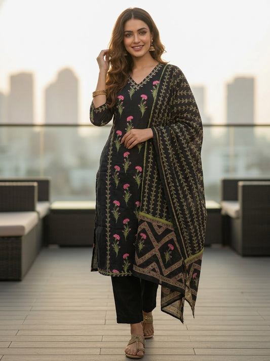 Floral Printed Anarkali with Pant & Dupatta - Black