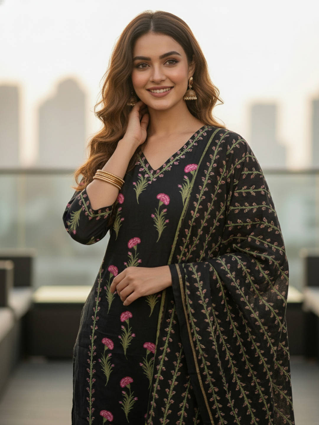 Floral Printed Anarkali with Pant & Dupatta - Black