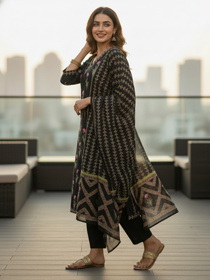 Floral Printed Anarkali with Pant & Dupatta - Black