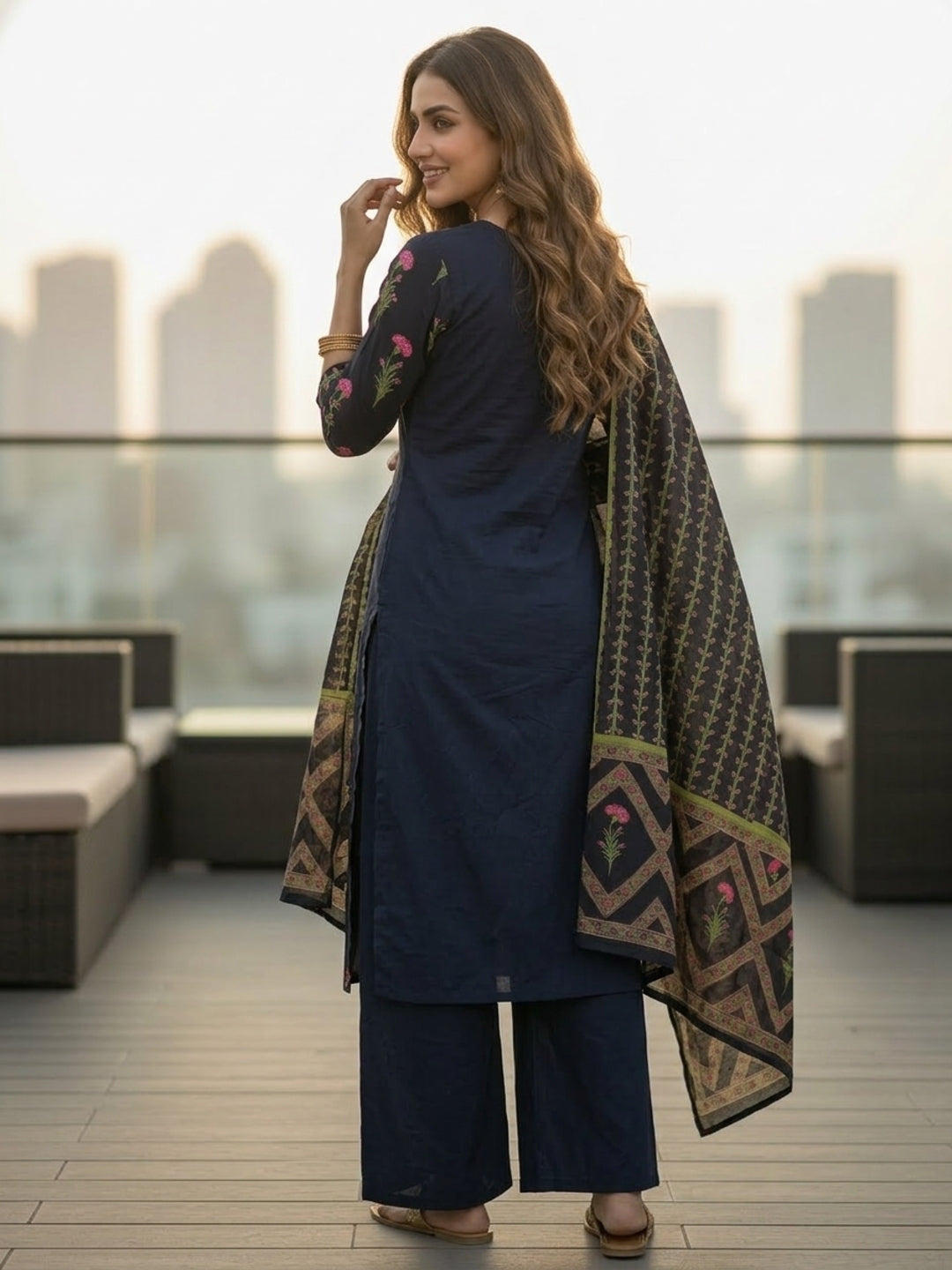 Floral Printed Anarkali with Pant & Dupatta - Black