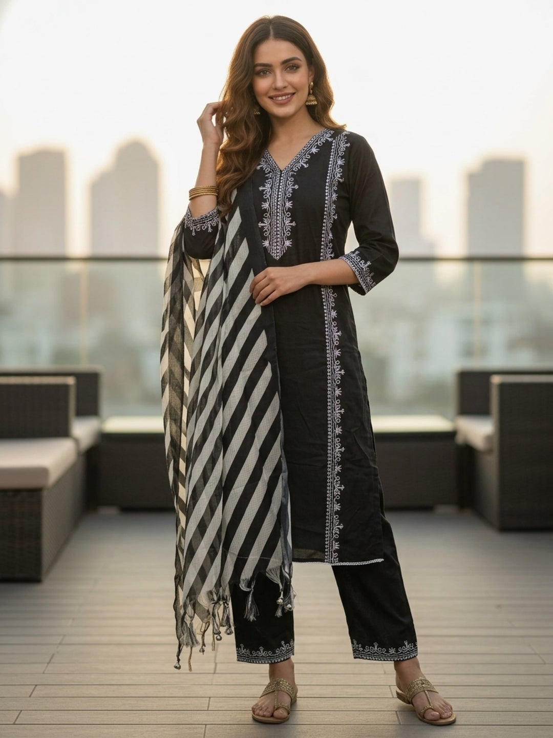 Solid Floral Embroidered Straight Kurta with Palazzo & Dupatta - Black
