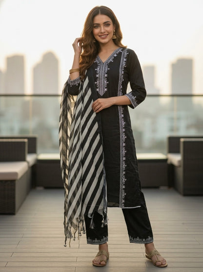 Solid Floral Embroidered Straight Kurta with Palazzo & Dupatta - Black