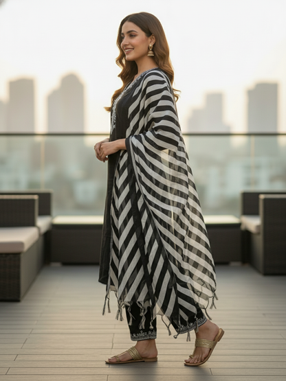 Solid Floral Embroidered Straight Kurta with Palazzo & Dupatta - Black