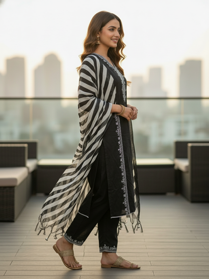 Solid Floral Embroidered Straight Kurta with Palazzo & Dupatta - Black