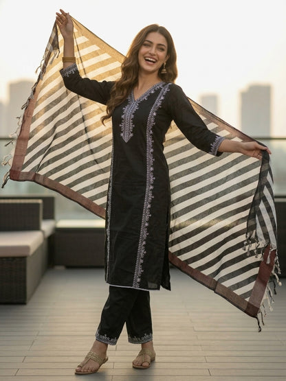 Solid Floral Embroidered Straight Kurta with Palazzo & Dupatta - Black