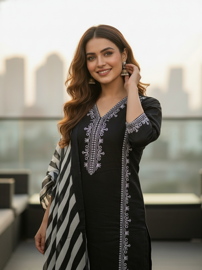 Solid Floral Embroidered Straight Kurta with Palazzo & Dupatta - Black
