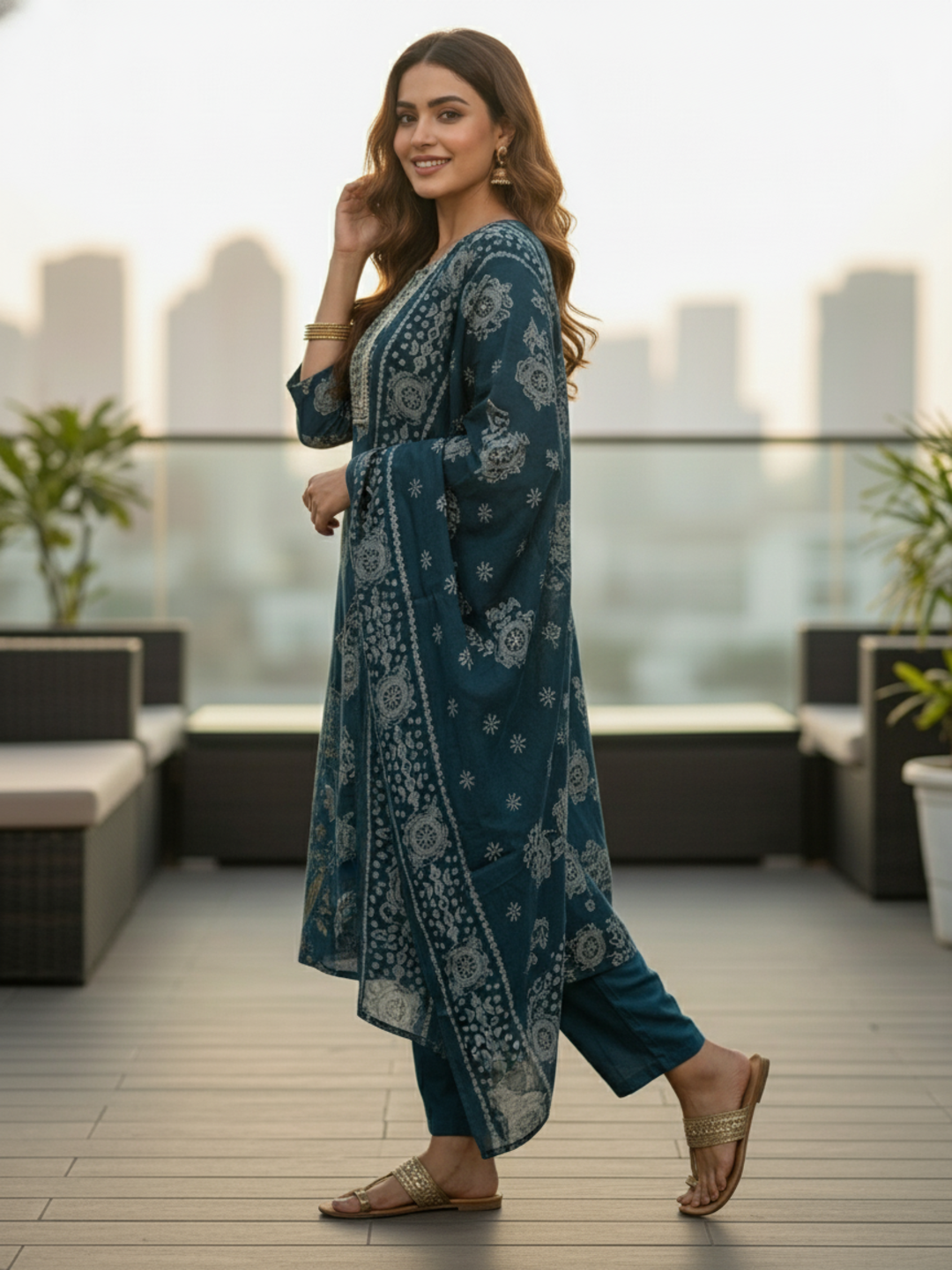 Floral Foil Printed Embroidered Straight Kurta with Pant & Dupatta - Teal