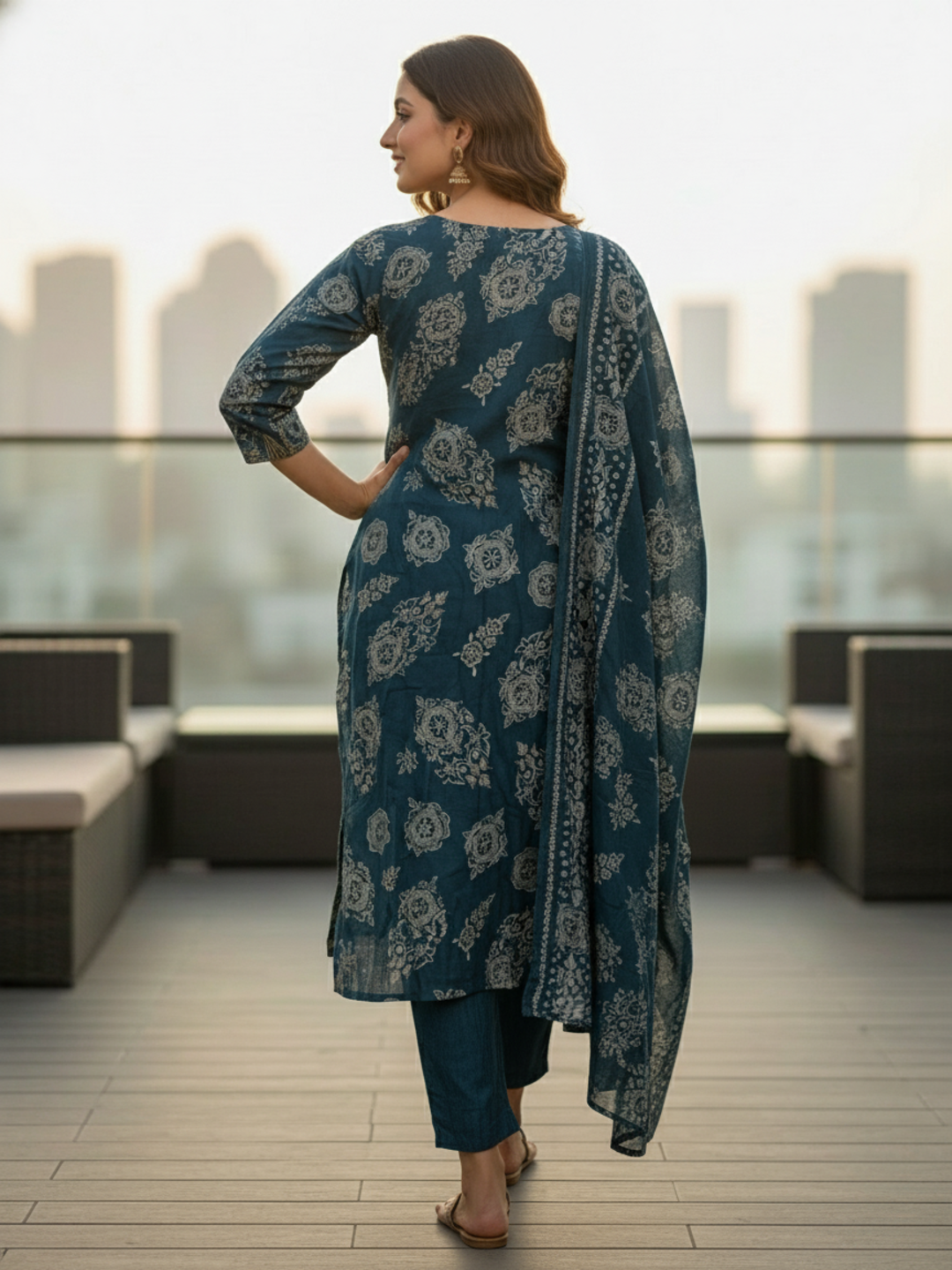 Floral Foil Printed Embroidered Straight Kurta with Pant & Dupatta - Teal