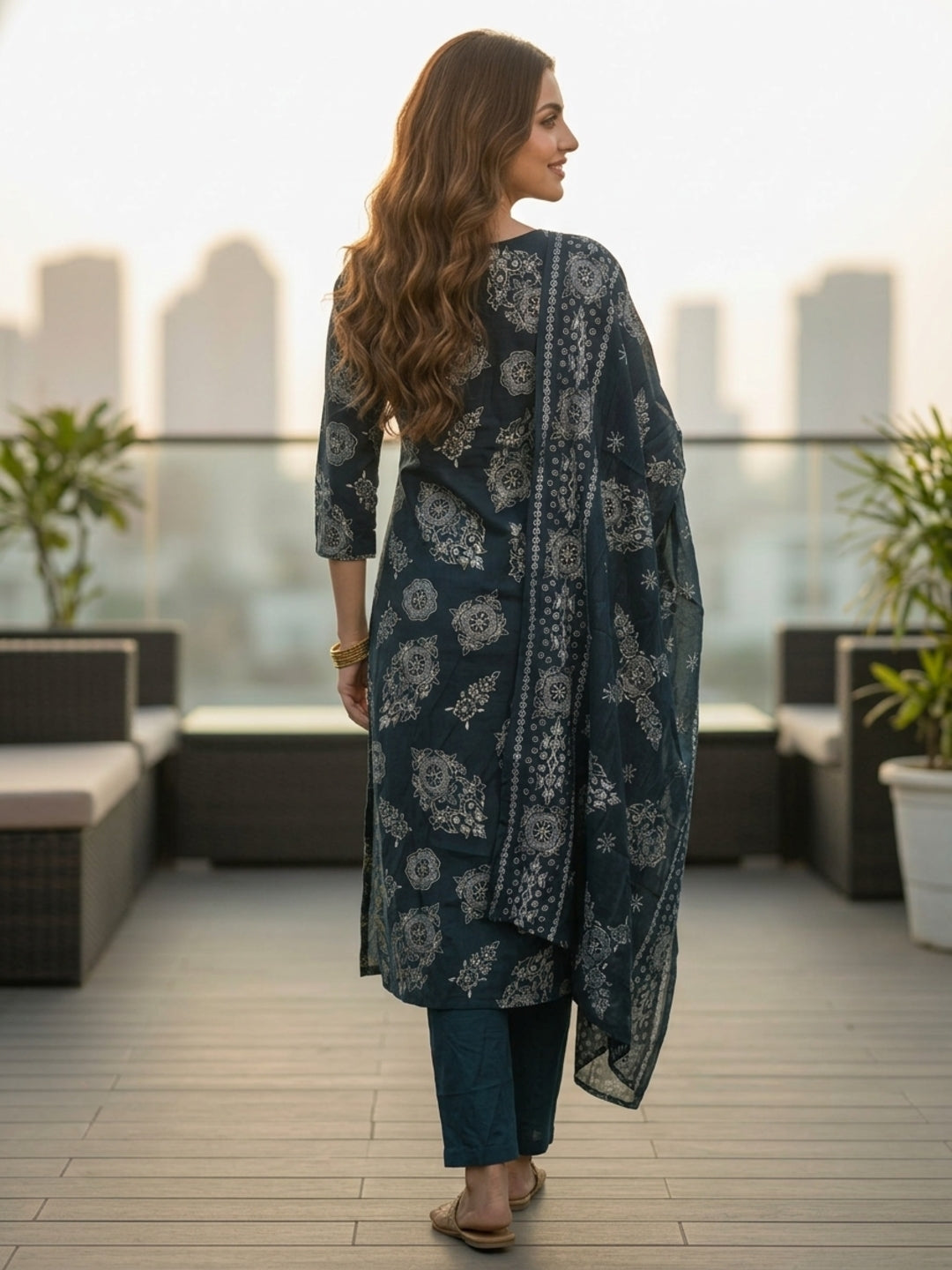 Floral Foil Printed Embroidered Straight Kurta with Pant & Dupatta - Teal