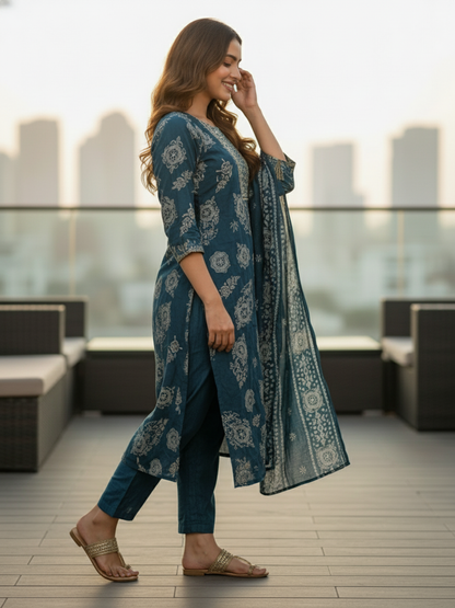 Floral Foil Printed Embroidered Straight Kurta with Pant & Dupatta - Teal