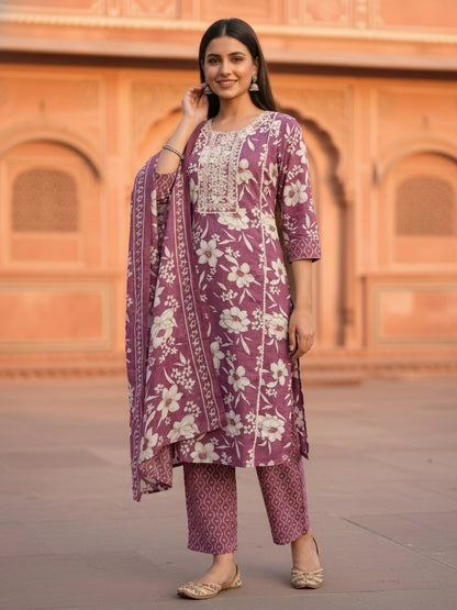 Ethnic Floral Printed Embroidered Straight Kurta with Pant & Dupatta - Purple