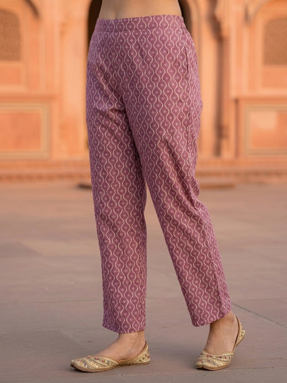 Ethnic Floral Printed Embroidered Straight Kurta with Pant & Dupatta - Purple