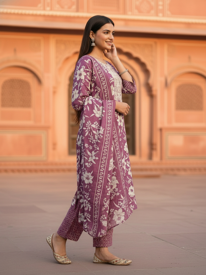 Ethnic Floral Printed Embroidered Straight Kurta with Pant & Dupatta - Purple