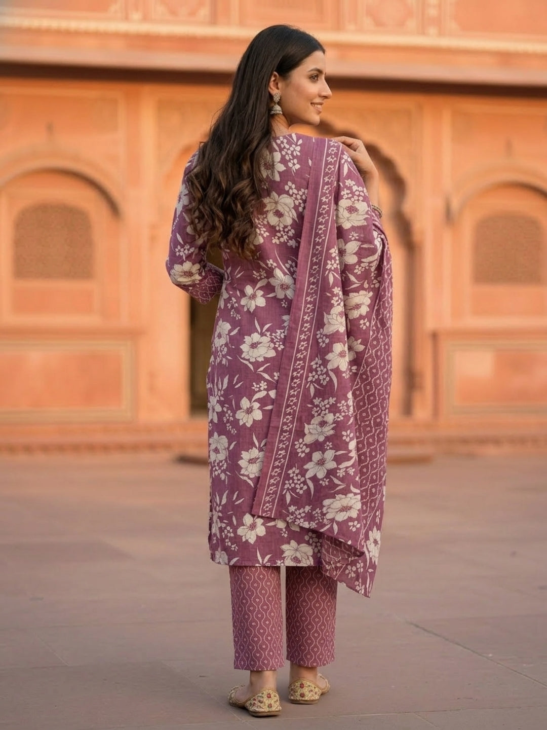 Ethnic Floral Printed Embroidered Straight Kurta with Pant & Dupatta - Purple