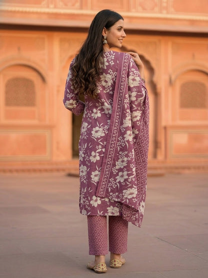 Ethnic Floral Printed Embroidered Straight Kurta with Pant & Dupatta - Purple