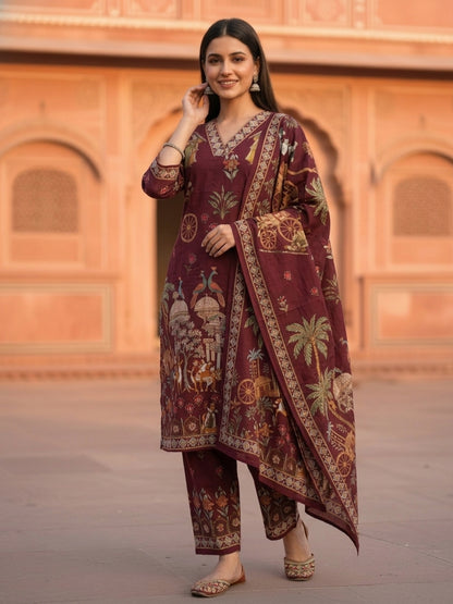 Miniature Painting Printed Kurta with Pant & Dupatta - Burgundy