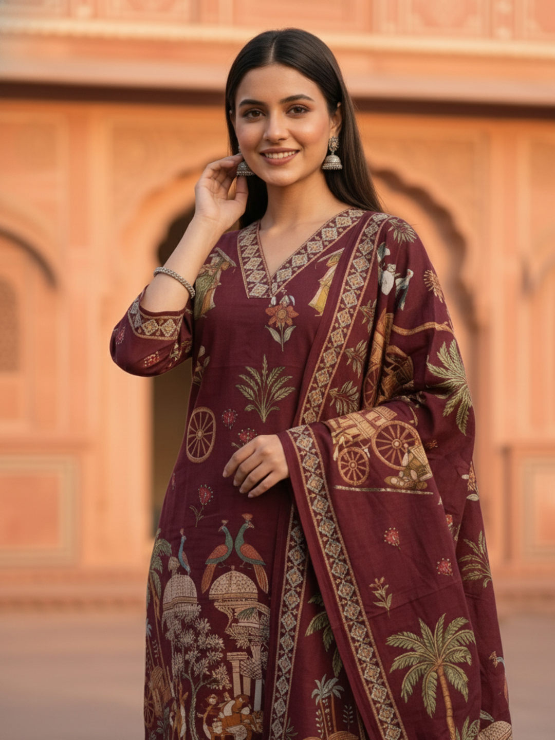 Miniature Painting Printed Kurta with Pant & Dupatta - Burgundy