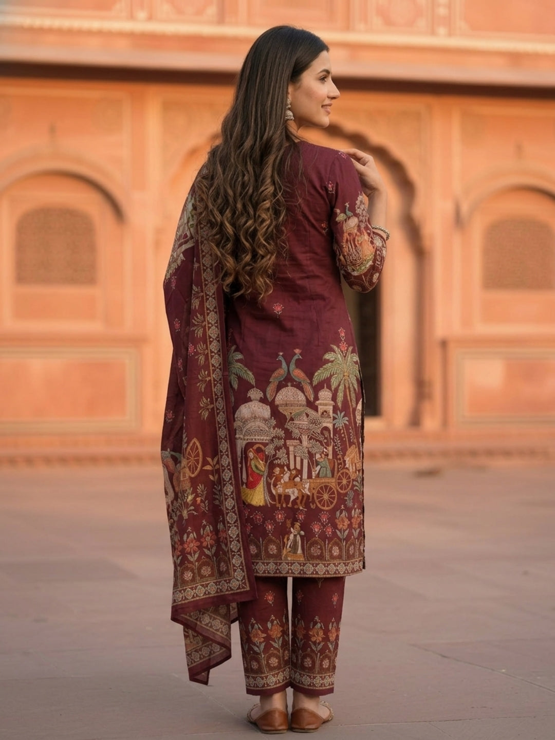 Miniature Painting Printed Kurta with Pant & Dupatta - Burgundy
