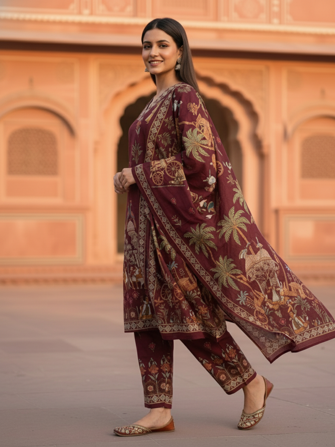 Miniature Painting Printed Kurta with Pant & Dupatta - Burgundy
