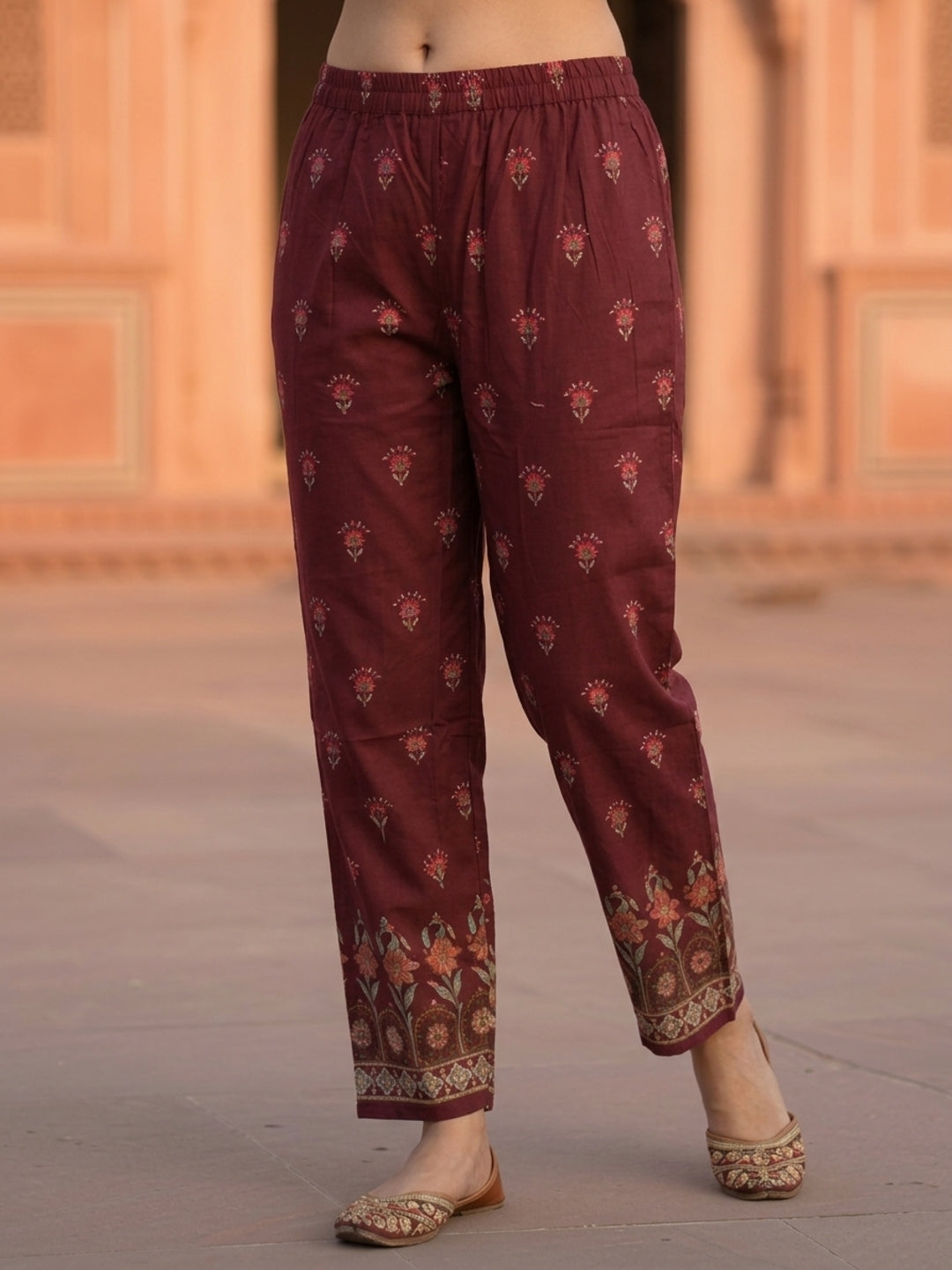 Miniature Painting Printed Kurta with Pant & Dupatta - Burgundy
