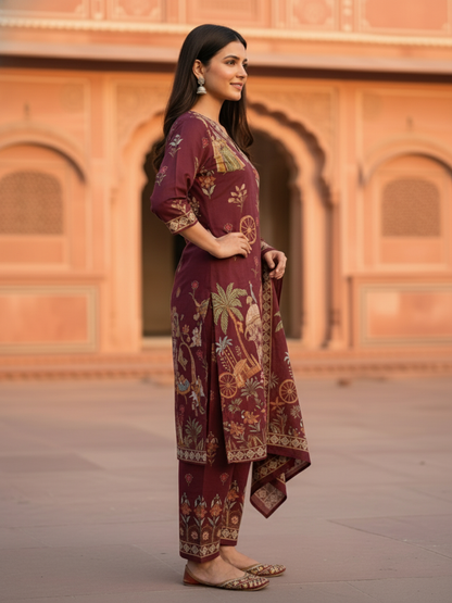 Miniature Painting Printed Kurta with Pant & Dupatta - Burgundy