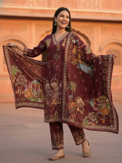 Miniature Painting Printed Kurta with Pant & Dupatta - Burgundy