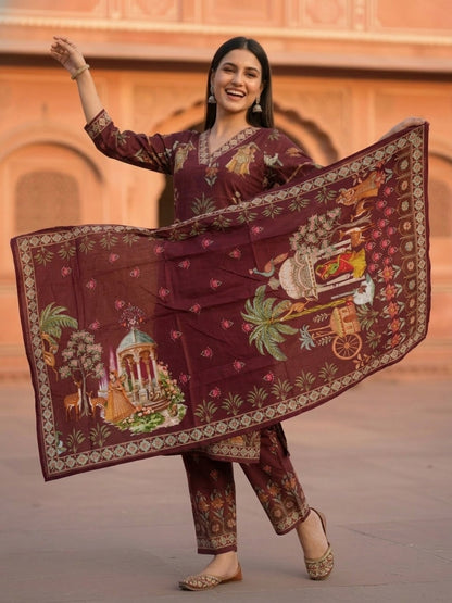 Miniature Painting Printed Kurta with Pant & Dupatta - Burgundy