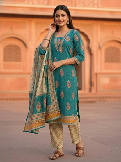 Floral Printed Embroidered Straight Kurta with Pant & Dupatta - Turquoise Blue