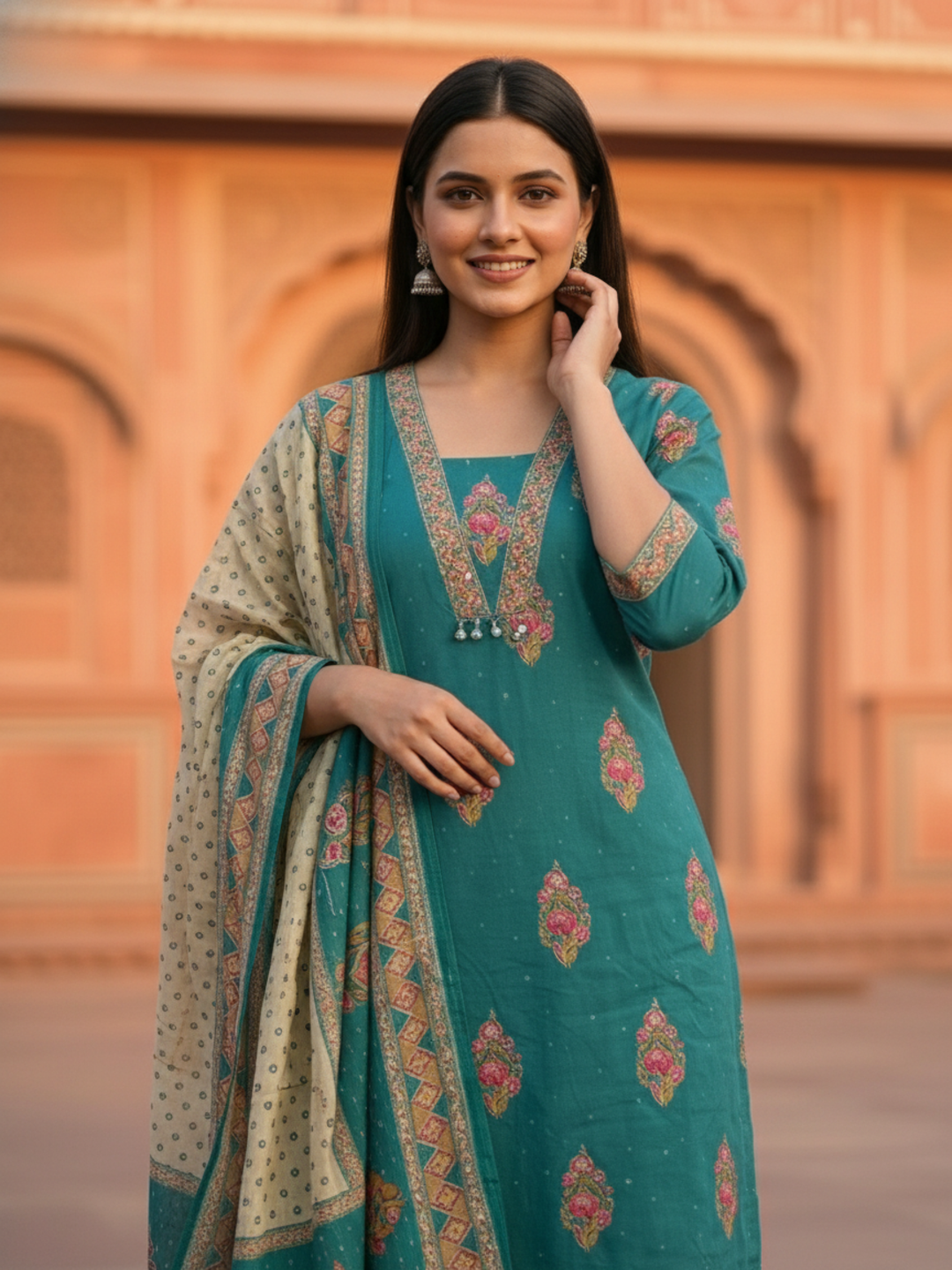 Floral Printed Embroidered Straight Kurta with Pant & Dupatta - Turquoise Blue