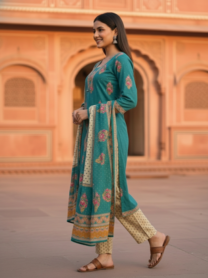 Floral Printed Embroidered Straight Kurta with Pant & Dupatta - Turquoise Blue
