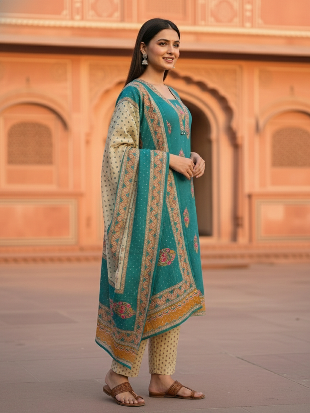 Floral Printed Embroidered Straight Kurta with Pant & Dupatta - Turquoise Blue
