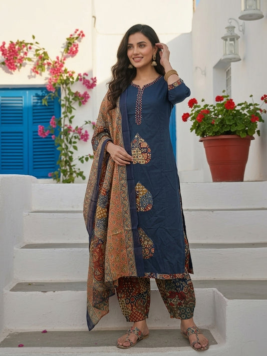 Printed Straight Kurta Set with Pant & Dupatta - Navy Blue