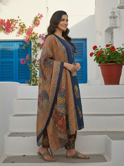 Printed Straight Kurta Set with Pant & Dupatta - Navy Blue