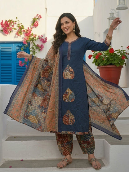 Printed Straight Kurta Set with Pant & Dupatta - Navy Blue