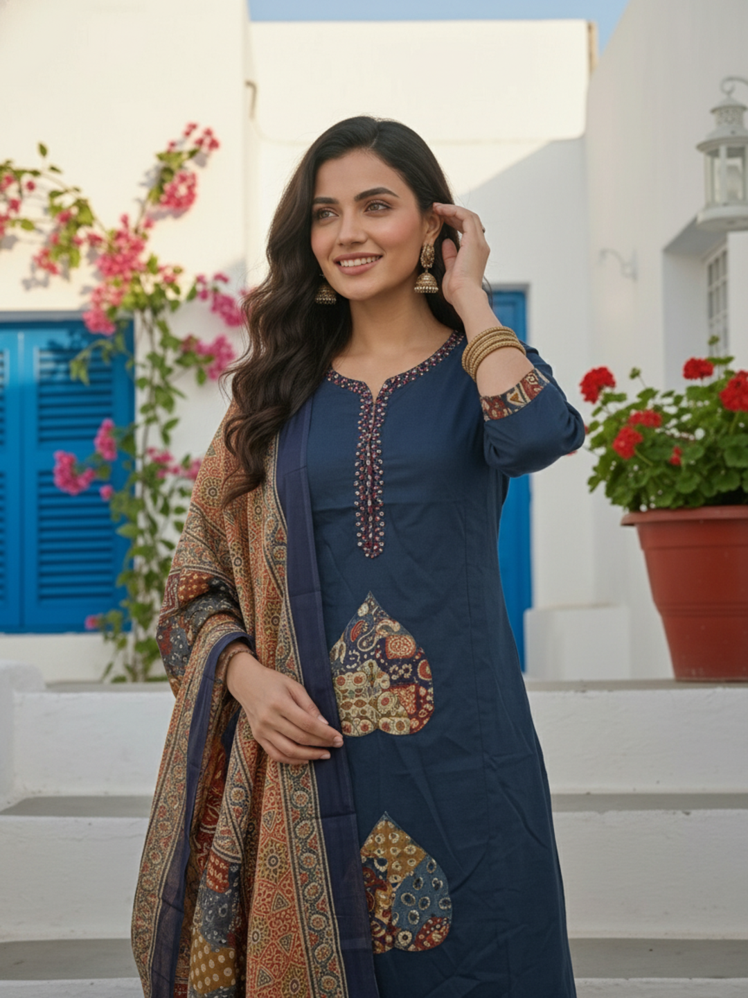 Printed Straight Kurta Set with Pant & Dupatta - Navy Blue