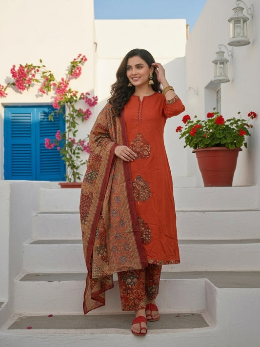 Ajrakh Inspired Printed Straight Kurta Set with Pant & Dupatta - Rust Orange