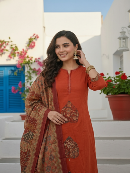 Ajrakh Inspired Printed Straight Kurta Set with Pant & Dupatta - Rust Orange
