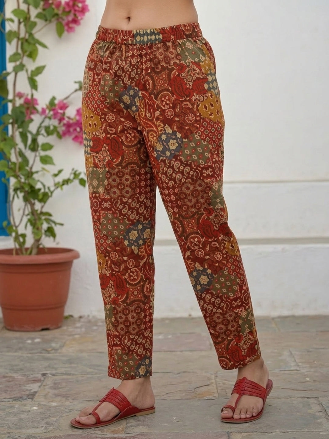 Ajrakh Inspired Printed Straight Kurta Set with Pant & Dupatta - Rust Orange