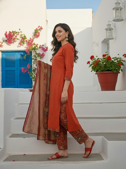 Ajrakh Inspired Printed Straight Kurta Set with Pant & Dupatta - Rust Orange