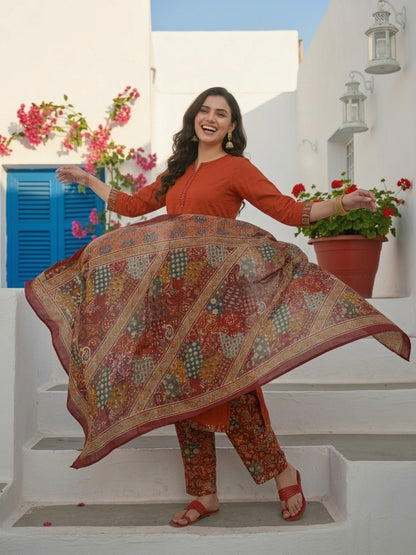 Ajrakh Inspired Printed Straight Kurta Set with Pant & Dupatta - Rust Orange