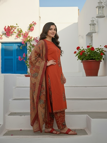 Ajrakh Inspired Printed Straight Kurta Set with Pant & Dupatta - Rust Orange